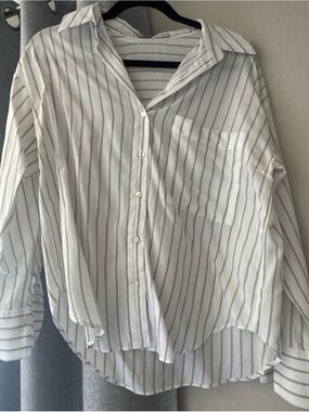 Striped Button-Up Shirt in White and Taupe
